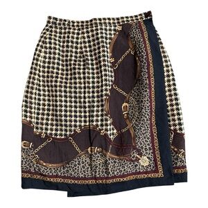 Vintage 1990s Talbots Petite Houndstooth & Chain Print Silk Skirt size 2